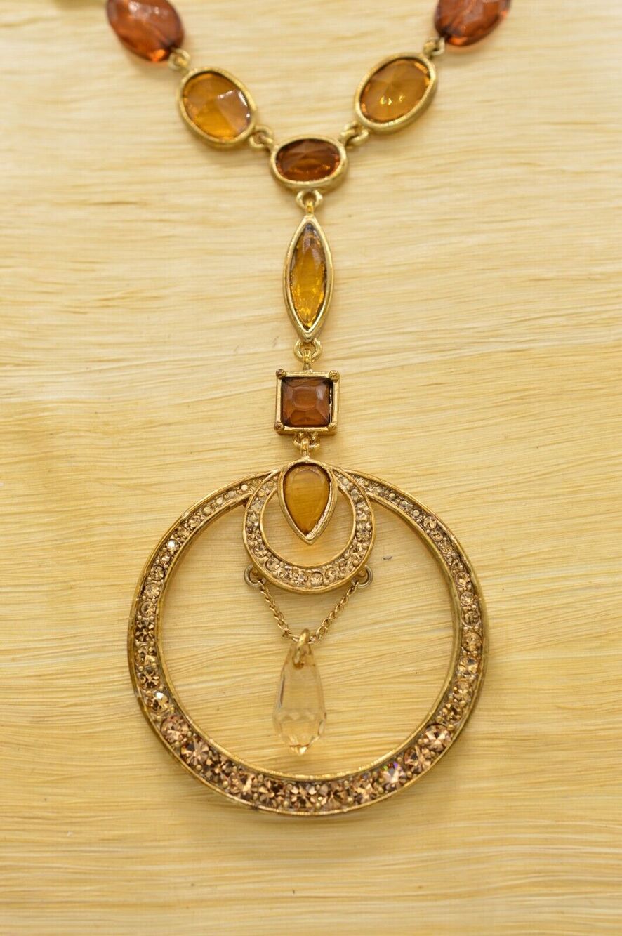 Vintage Necklace Amber Rhinestone Crystal Open Bezel Gold Chain Y Drop 90s BinK